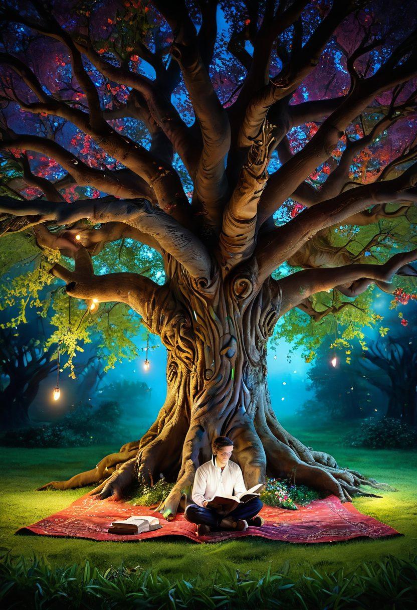 A whimsical scene depicting a storyteller sitting beneath an ancient tree, surrounded by colorful floating ideas as glowing orbs. Each orb contains elements like books, quills, and digital screens representing various mediums of storytelling. The atmosphere is warm and inviting, with soft, ethereal lighting illuminating the storyteller's focused expression. Include hints of nature like leaves and flowers to symbolize creativity. vibrant colors. super-realistic.