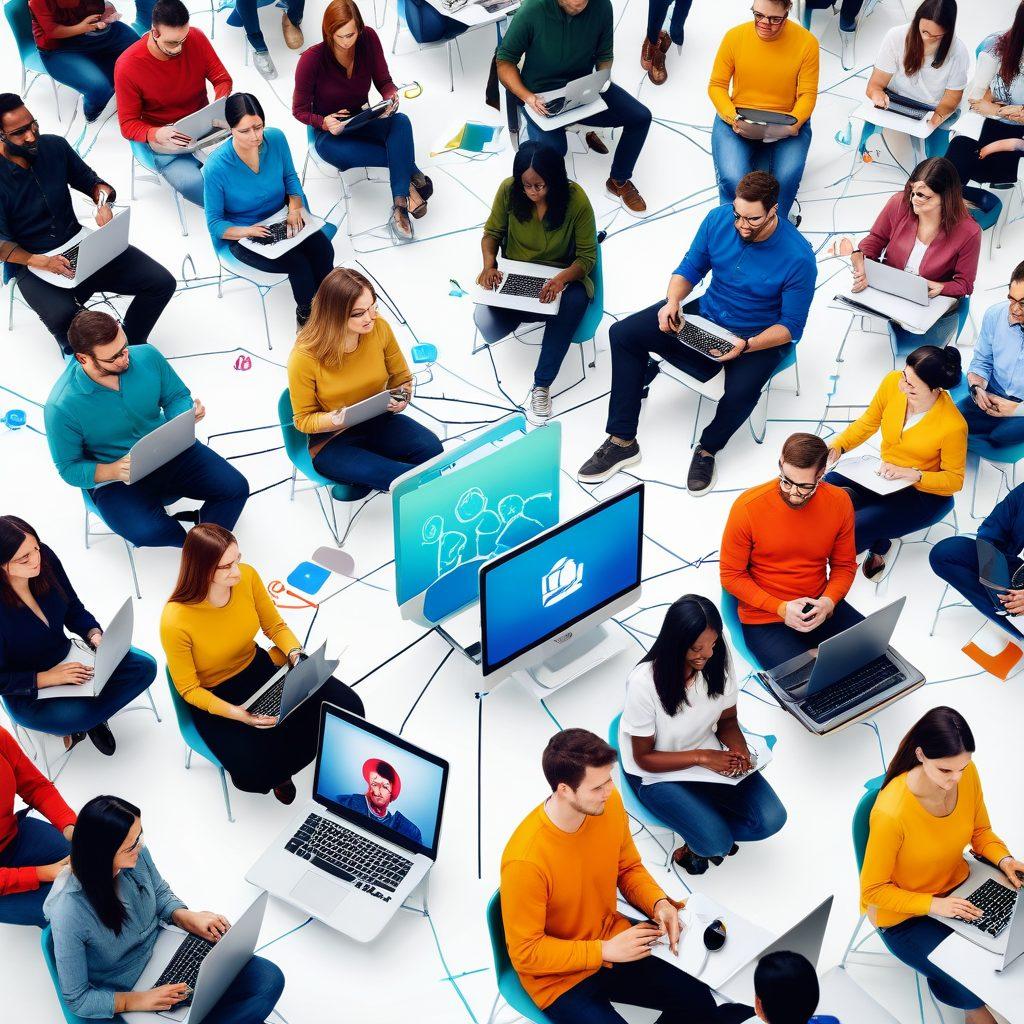 A vibrant digital landscape showcasing a diverse group of bloggers engaged in lively discussions. The scene should include laptops, smartphones, and social media icons floating around, symbolizing connectivity. Highlight various digital strategies around them, such as growth charts and community networks. Use bright colors and dynamic elements to convey energy and collaboration. super-realistic. vibrant colors. white background.
