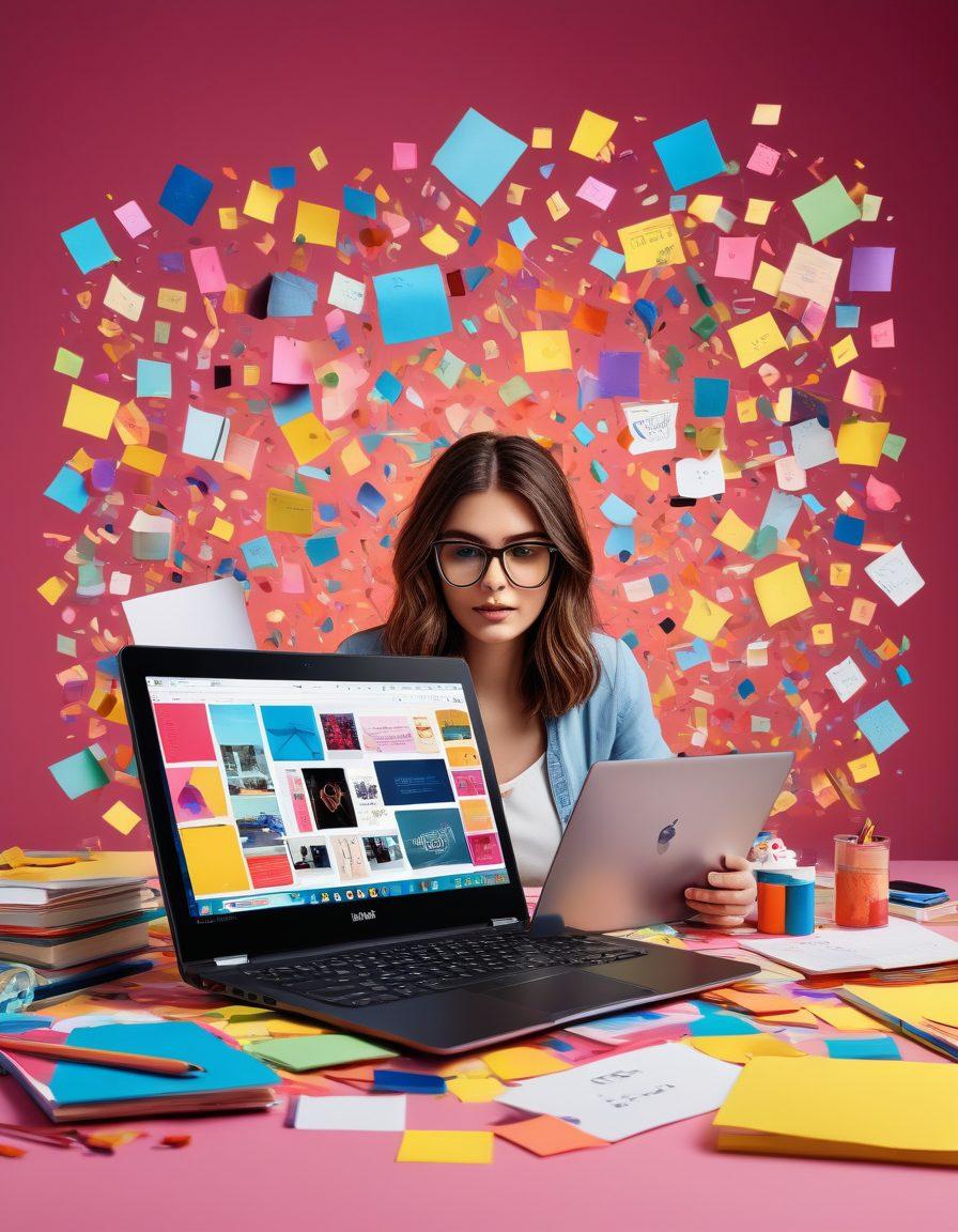 A vibrant collage of a blogger surrounded by a dynamic workspace filled with colorful post-its, a laptop displaying a creative writing interface, and various art supplies like paints and sketchbooks. In the background, flowing digital symbols representing the internet, social media, and innovation. The scene should convey a sense of inspiration and productivity, ideal for a creative spirit ready to unleash their ideas. bright colors. 3D. modern art.